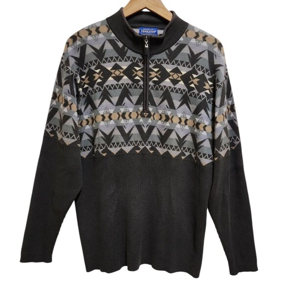 Pendleton Sweater Mens Sz L Gray Cotton Knit 1/4 Zip Lg Slv Elbow Pad Preppy - Picture 1 of 9